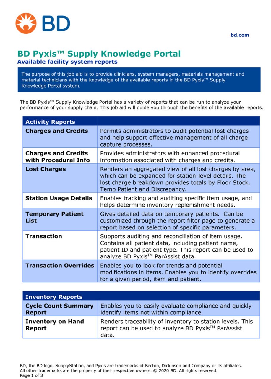 BD Pyxis™ Supply Knowledge Portal: Available facility system reports ...